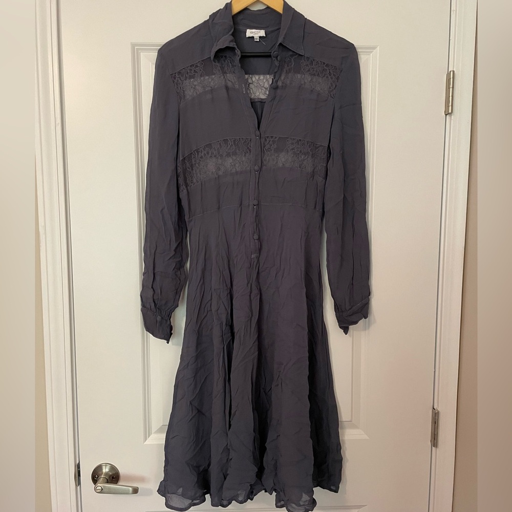 Ghost London Charcoal Sheer With Gray Lace Detail Midi Dress